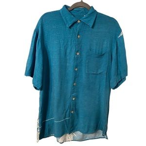 Bobby Chan Blue Rayon Hawaiian Short Sleeve Shirt Men's Size L Bowling Shirt
